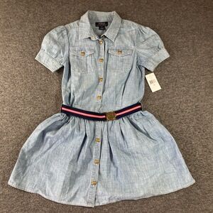 NWT Polo Ralph Lauren Girls Denim Dress Size 12 Light Blue Puffed Sleeve Belted